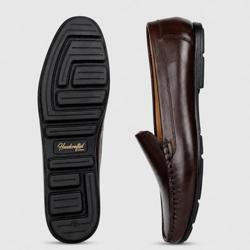 Men's Premium Genuine Leather Loafers | Elegant Slip-On Formal & Casual Driving Shoes with Cushioned Comfort and Anti-Slip TPR Sole (TAN)