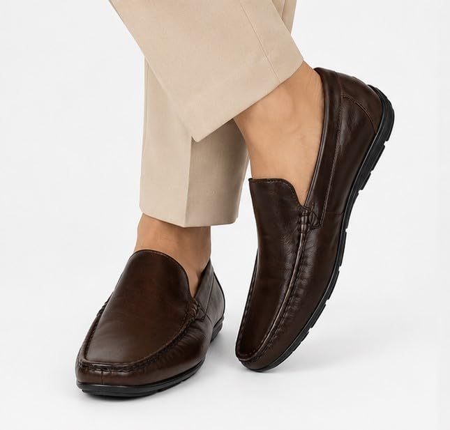 Men's Premium Genuine Leather Loafers | Elegant Slip-On Formal & Casual Driving Shoes with Cushioned Comfort and Anti-Slip TPR Sole (TAN)