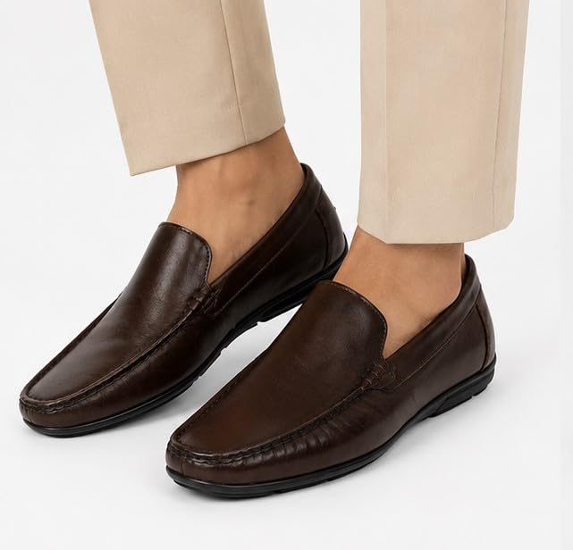 Men's Premium Genuine Leather Loafers | Elegant Slip-On Formal & Casual Driving Shoes with Cushioned Comfort and Anti-Slip TPR Sole (TAN)