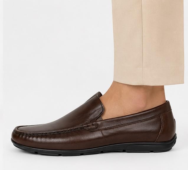 Men's Premium Genuine Leather Loafers | Elegant Slip-On Formal & Casual Driving Shoes with Cushioned Comfort and Anti-Slip TPR Sole (TAN)