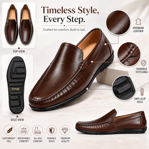 Men's Premium Genuine Leather Loafers | Elegant Slip-On Formal & Casual Driving Shoes with Cushioned Comfort and Anti-Slip TPR Sole (TAN)