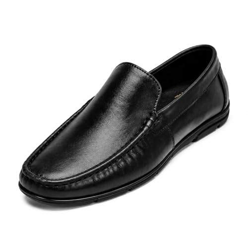 Men's Premium Genuine Leather Loafers | Elegant Slip-On Formal & Casual Driving Shoes with Cushioned Comfort and Anti-Slip TPR Sole (Black)