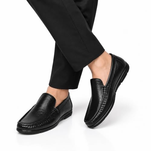 Men's Premium Genuine Leather Loafers | Elegant Slip-On Formal & Casual Driving Shoes with Cushioned Comfort and Anti-Slip TPR Sole (Black)