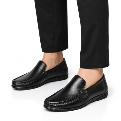 Men's Premium Genuine Leather Loafers | Elegant Slip-On Formal & Casual Driving Shoes with Cushioned Comfort and Anti-Slip TPR Sole (Black)