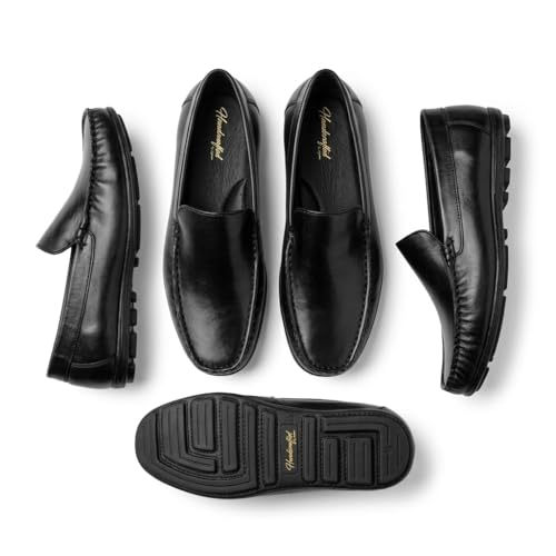 Men's Premium Genuine Leather Loafers | Elegant Slip-On Formal & Casual Driving Shoes with Cushioned Comfort and Anti-Slip TPR Sole (Black)