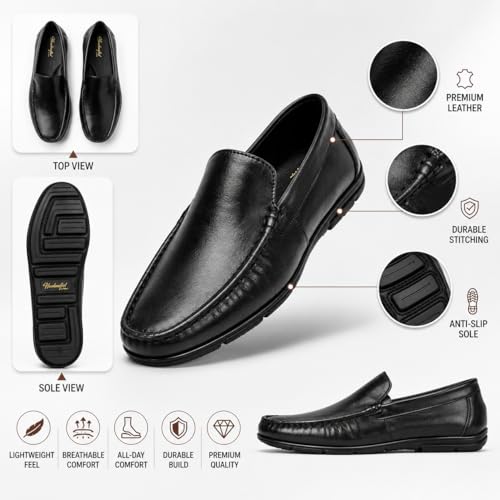 Men's Premium Genuine Leather Loafers | Elegant Slip-On Formal & Casual Driving Shoes with Cushioned Comfort and Anti-Slip TPR Sole (Black)
