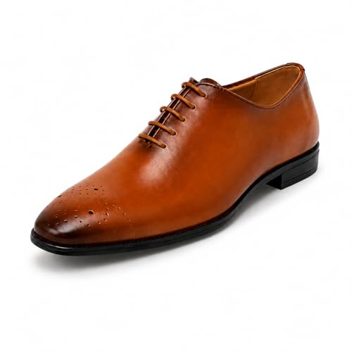 Men's Premium Genuine Leather Lace-Up Hole-Cut Oxford Shoes | Elegant Formal Derby Shoes with Breathable Perforated Toe Detail, Cushioned Comfort and Anti-Slip Sole (Tan)