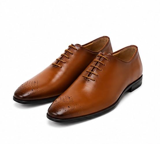 Men's Premium Genuine Leather Lace-Up Hole-Cut Oxford Shoes | Elegant Formal Derby Shoes with Breathable Perforated Toe Detail, Cushioned Comfort and Anti-Slip Sole (Tan)