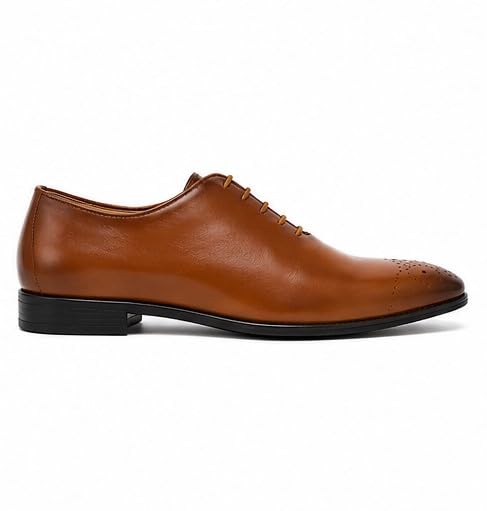 Men's Premium Genuine Leather Lace-Up Hole-Cut Oxford Shoes | Elegant Formal Derby Shoes with Breathable Perforated Toe Detail, Cushioned Comfort and Anti-Slip Sole (Tan)