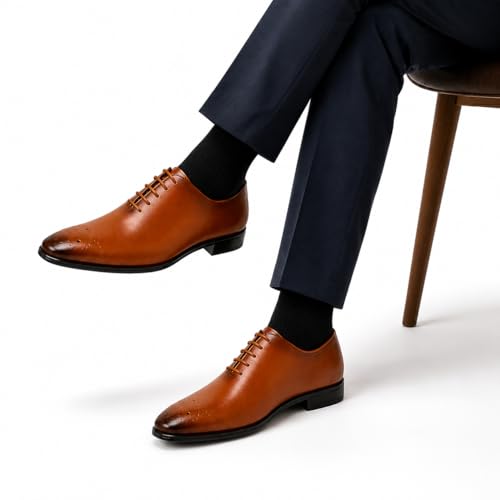 Men's Premium Genuine Leather Lace-Up Hole-Cut Oxford Shoes | Elegant Formal Derby Shoes with Breathable Perforated Toe Detail, Cushioned Comfort and Anti-Slip Sole (Tan)
