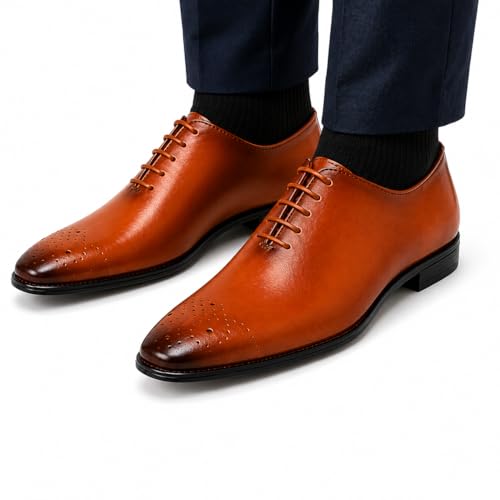Men's Premium Genuine Leather Lace-Up Hole-Cut Oxford Shoes | Elegant Formal Derby Shoes with Breathable Perforated Toe Detail, Cushioned Comfort and Anti-Slip Sole (Tan)