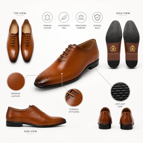 Men's Premium Genuine Leather Lace-Up Hole-Cut Oxford Shoes | Elegant Formal Derby Shoes with Breathable Perforated Toe Detail, Cushioned Comfort and Anti-Slip Sole (Tan)