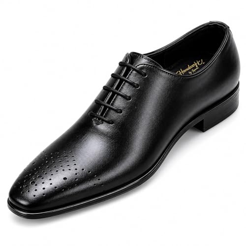 Men's Premium Genuine Leather Lace-Up Hole-Cut Oxford Shoes | Elegant Formal Derby Shoes with Breathable Perforated Toe Detail, Cushioned Comfort and Anti-Slip Sole (Black)