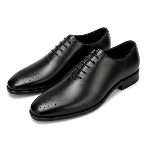 Men's Premium Genuine Leather Lace-Up Hole-Cut Oxford Shoes | Elegant Formal Derby Shoes with Breathable Perforated Toe Detail, Cushioned Comfort and Anti-Slip Sole (Black)