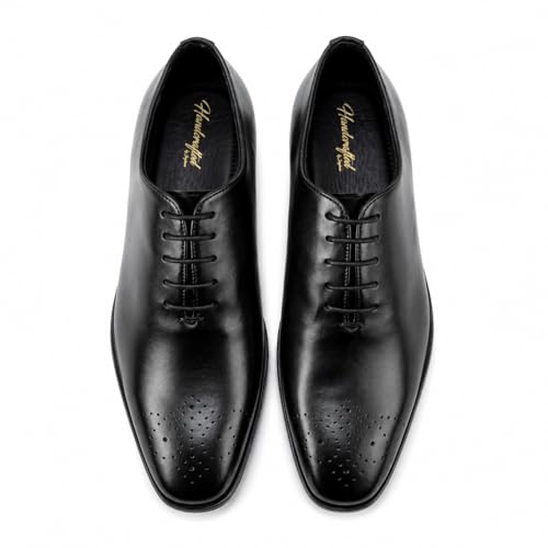 Men's Premium Genuine Leather Lace-Up Hole-Cut Oxford Shoes | Elegant Formal Derby Shoes with Breathable Perforated Toe Detail, Cushioned Comfort and Anti-Slip Sole (Black)