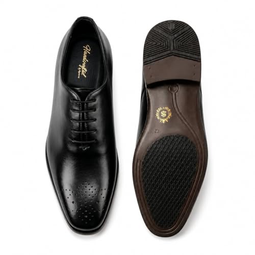 Men's Premium Genuine Leather Lace-Up Hole-Cut Oxford Shoes | Elegant Formal Derby Shoes with Breathable Perforated Toe Detail, Cushioned Comfort and Anti-Slip Sole (Black)