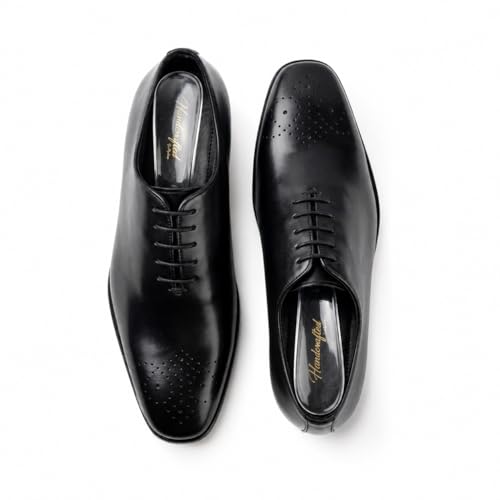 Men's Premium Genuine Leather Lace-Up Hole-Cut Oxford Shoes | Elegant Formal Derby Shoes with Breathable Perforated Toe Detail, Cushioned Comfort and Anti-Slip Sole (Black)