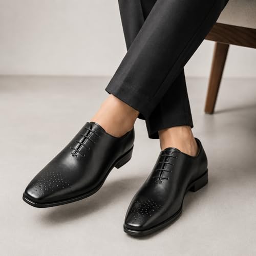 Men's Premium Genuine Leather Lace-Up Hole-Cut Oxford Shoes | Elegant Formal Derby Shoes with Breathable Perforated Toe Detail, Cushioned Comfort and Anti-Slip Sole (Black)