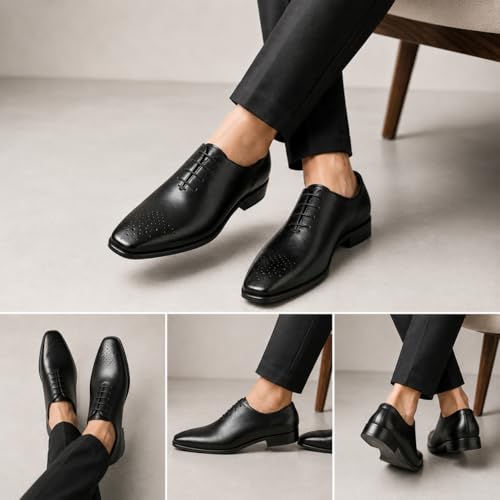 Men's Premium Genuine Leather Lace-Up Hole-Cut Oxford Shoes | Elegant Formal Derby Shoes with Breathable Perforated Toe Detail, Cushioned Comfort and Anti-Slip Sole (Black)