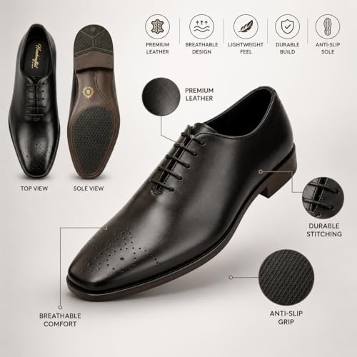 Men's Premium Genuine Leather Lace-Up Hole-Cut Oxford Shoes | Elegant Formal Derby Shoes with Breathable Perforated Toe Detail, Cushioned Comfort and Anti-Slip Sole (Black)