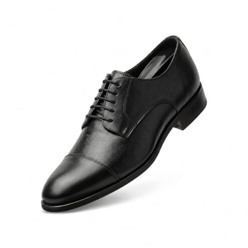 Men's Premium Genuine Leather Lace-Up Cap-Toe Oxford Shoes | Elegant Formal Derby Shoes with Cushioned Comfort, Suede Lining and Anti-Slip Composite Sole (Black)