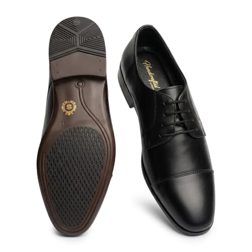 Men's Premium Genuine Leather Lace-Up Cap-Toe Oxford Shoes | Elegant Formal Derby Shoes with Cushioned Comfort, Suede Lining and Anti-Slip Composite Sole (Black)