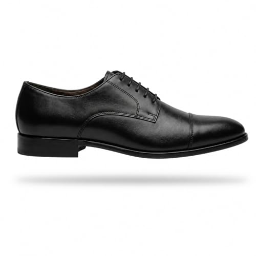Men's Premium Genuine Leather Lace-Up Cap-Toe Oxford Shoes | Elegant Formal Derby Shoes with Cushioned Comfort, Suede Lining and Anti-Slip Composite Sole (Black)
