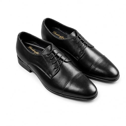 Men's Premium Genuine Leather Lace-Up Cap-Toe Oxford Shoes | Elegant Formal Derby Shoes with Cushioned Comfort, Suede Lining and Anti-Slip Composite Sole (Black)
