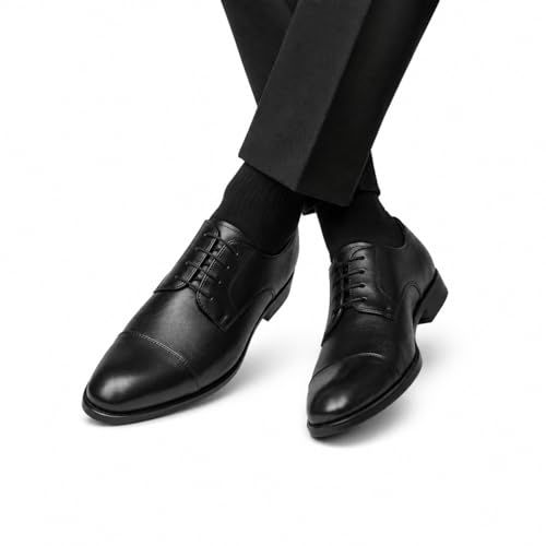 Men's Premium Genuine Leather Lace-Up Cap-Toe Oxford Shoes | Elegant Formal Derby Shoes with Cushioned Comfort, Suede Lining and Anti-Slip Composite Sole (Black)