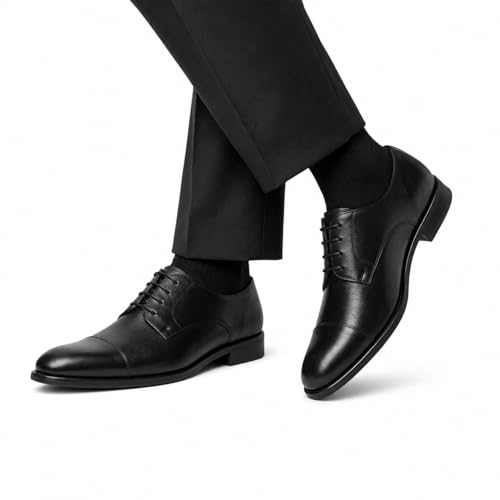 Men's Premium Genuine Leather Lace-Up Cap-Toe Oxford Shoes | Elegant Formal Derby Shoes with Cushioned Comfort, Suede Lining and Anti-Slip Composite Sole (Black)