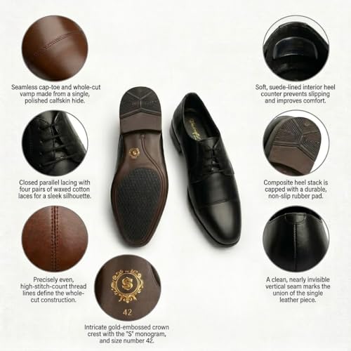 Men's Premium Genuine Leather Lace-Up Cap-Toe Oxford Shoes | Elegant Formal Derby Shoes with Cushioned Comfort, Suede Lining and Anti-Slip Composite Sole (Black)