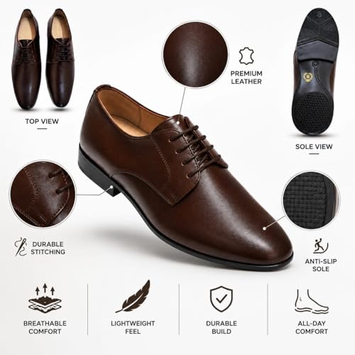 Men's Premium Coffee Brown Derby Formal Shoes | Luxury Lace-Up Dress Shoes for Office, Corporate Meetings, Weddings and Formal Events | Comfortable Cushioned Formals with Anti-Skid TPR Sole