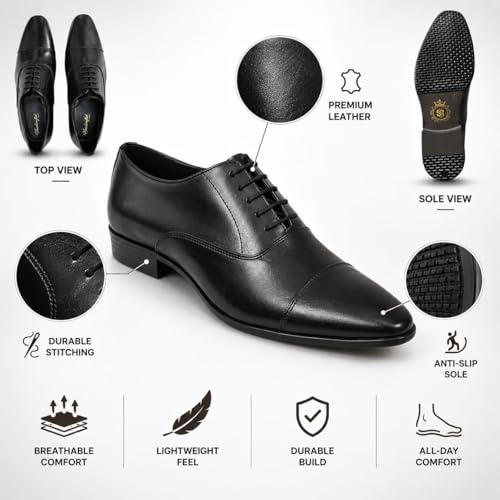 Men's Premium Black Cap-Toe Oxford Formal Shoes | Luxury Lace-Up Dress Shoes for Office, Business Meetings, Weddings and Corporate Events | Lightweight, Cushioned & Anti-Slip TPR Sole
