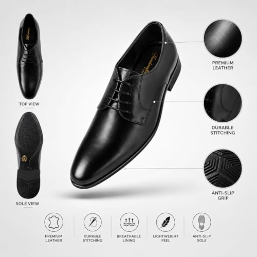 Men's Premium Black Leather Derby Formal Shoes | Elegant Lace-Up Dress Shoes for Business, Office, and Weddings