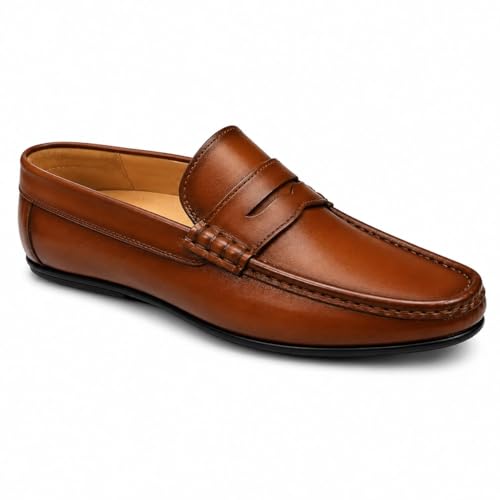 Men's Premium Leather Penny Loafers | Classic Slip-On Casual & Formal Shoes with Anti-Slip Grip Sole (Tan/Brown)