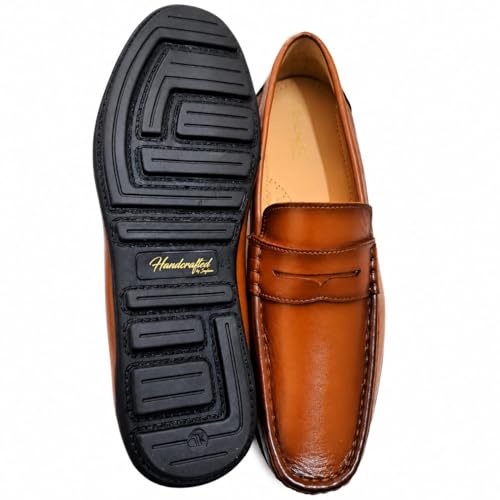 Men's Premium Leather Penny Loafers | Classic Slip-On Casual & Formal Shoes with Anti-Slip Grip Sole (Tan/Brown)