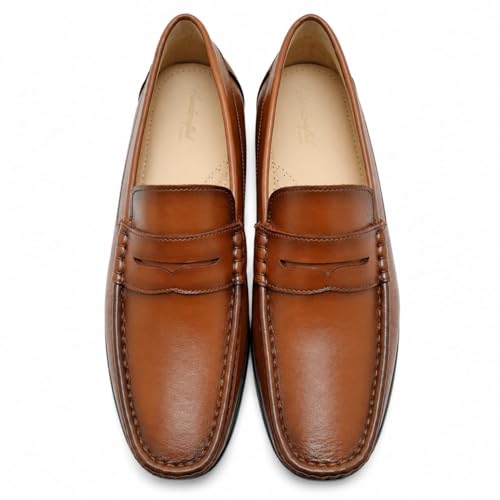 Men's Premium Leather Penny Loafers | Classic Slip-On Casual & Formal Shoes with Anti-Slip Grip Sole (Tan/Brown)