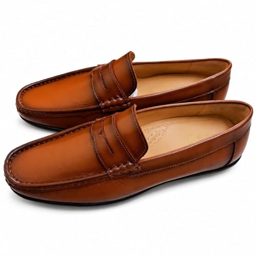 Men's Premium Leather Penny Loafers | Classic Slip-On Casual & Formal Shoes with Anti-Slip Grip Sole (Tan/Brown)