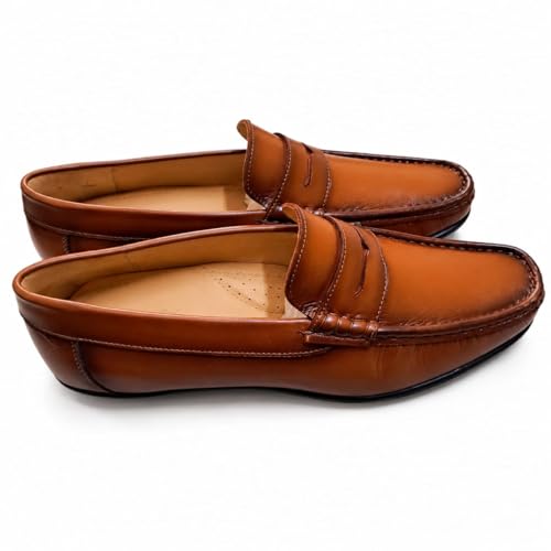Men's Premium Leather Penny Loafers | Classic Slip-On Casual & Formal Shoes with Anti-Slip Grip Sole (Tan/Brown)