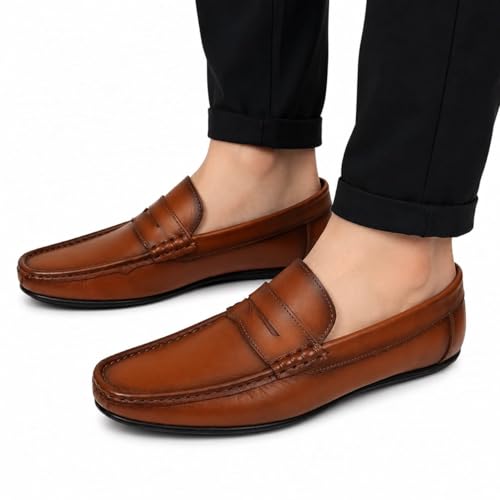 Men's Premium Leather Penny Loafers | Classic Slip-On Casual & Formal Shoes with Anti-Slip Grip Sole (Tan/Brown)