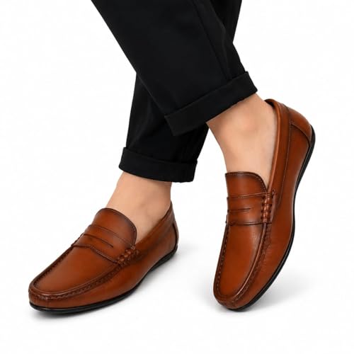 Men's Premium Leather Penny Loafers | Classic Slip-On Casual & Formal Shoes with Anti-Slip Grip Sole (Tan/Brown)
