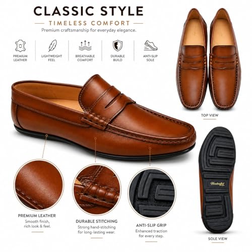 Men's Premium Leather Penny Loafers | Classic Slip-On Casual & Formal Shoes with Anti-Slip Grip Sole (Tan/Brown)