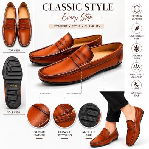 Men's Premium Leather Penny Loafers | Classic Slip-On Casual & Formal Shoes with Anti-Slip Grip Sole (Tan/Brown)