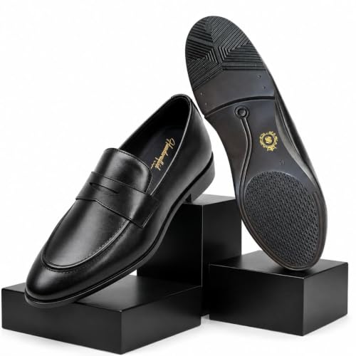 Men's Premium Leather Penny Loafers | Slip-On Formal & Casual Shoes with Soft Cushion Insole and Anti-Slip Sole (Black)