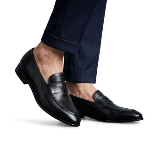 Men's Premium Leather Penny Loafers | Slip-On Formal & Casual Shoes with Soft Cushion Insole and Anti-Slip Sole (Black)