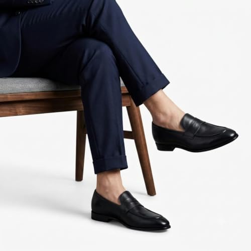 Men's Premium Leather Penny Loafers | Slip-On Formal & Casual Shoes with Soft Cushion Insole and Anti-Slip Sole (Black)