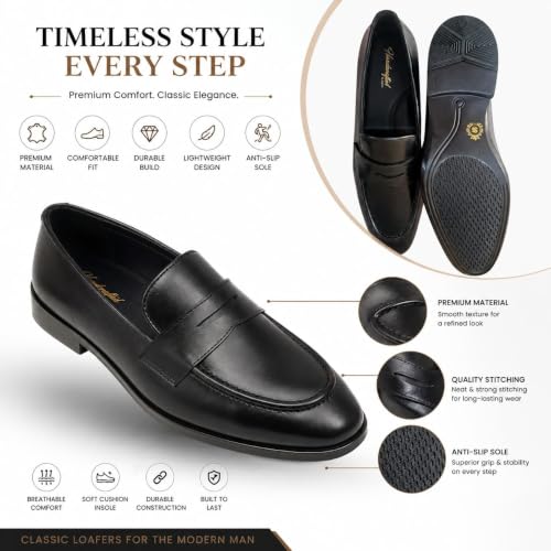 Men's Premium Leather Penny Loafers | Slip-On Formal & Casual Shoes with Soft Cushion Insole and Anti-Slip Sole (Black)